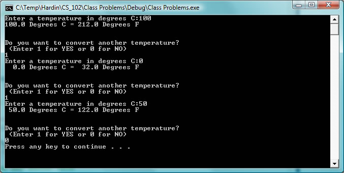 Screen output of temperature conversion program