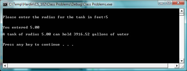Screen capture of output from volume of water tank problem