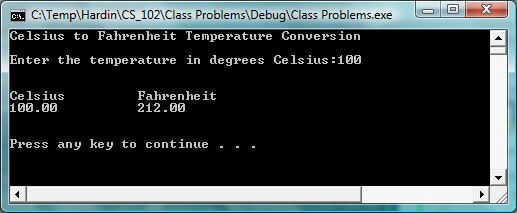 Screen output of temperature conversion program