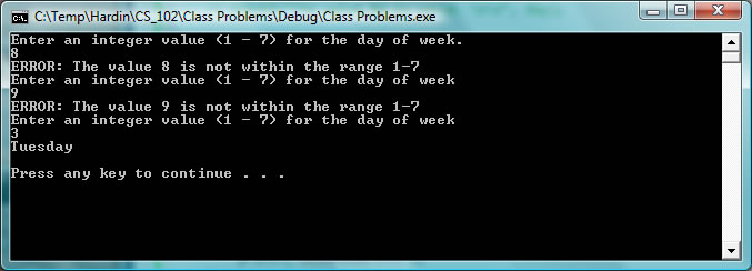 Output of day of week program